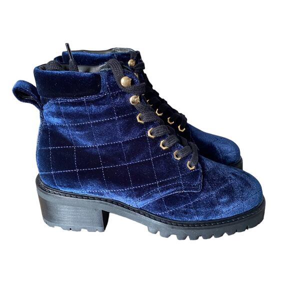 Sandro Aron Marine Blue Velvet Quilted Lace Ip Boots size 38 size 8 NWTS Box - Picture 1 of 9
